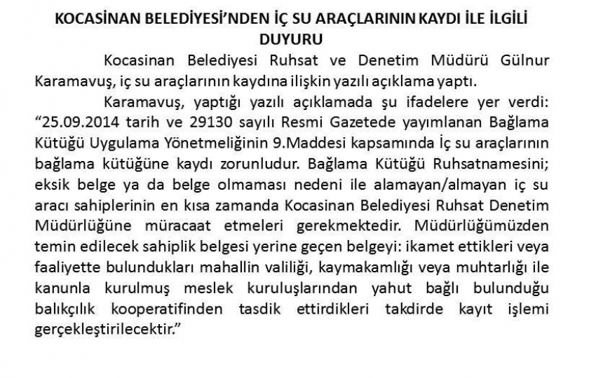 KOCASİNAN BELEDİYESİ’NDEN İÇ SU ARAÇLARININ KAYDI İLE İLGİLİ DUYURU