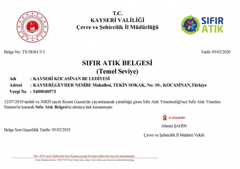  GERİ DÖNÜŞÜMDE ÖRNEK OLAN KOCASİNAN BELEDİYESİ’NE SIFIR ATIK BELGESİ